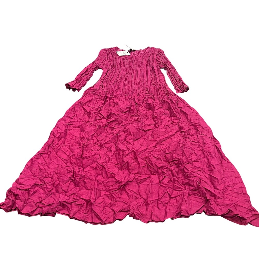 Alquema Smash Dress Womens 2 us L Magenta 3/4 Sleeve Pleated Crinkle Maxi ADC544